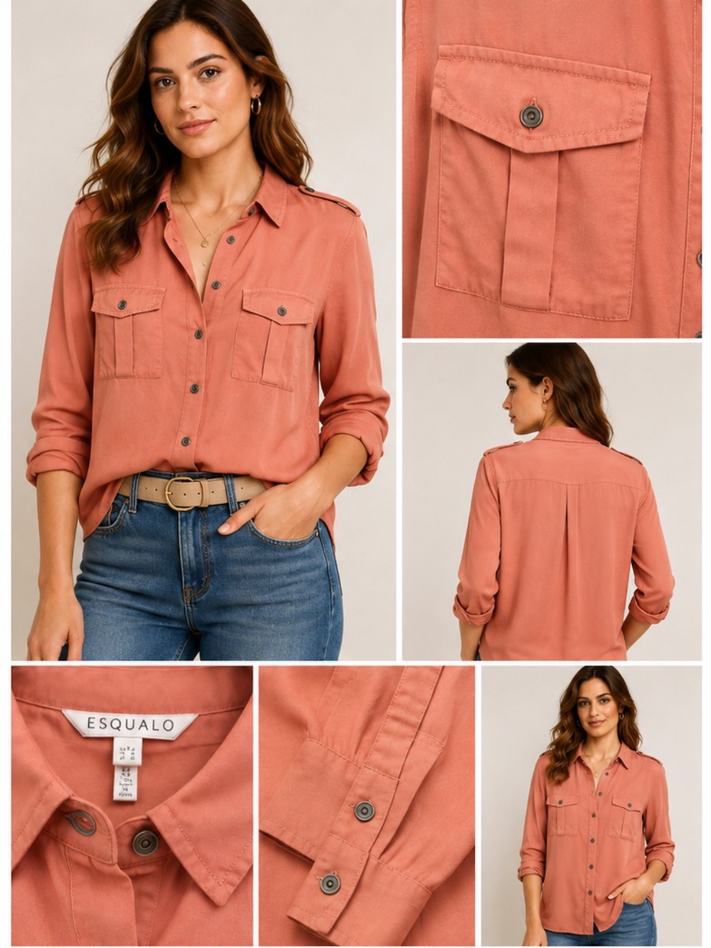 ESQUALO Soft Coral Button-Down Utility Shirt with pockets